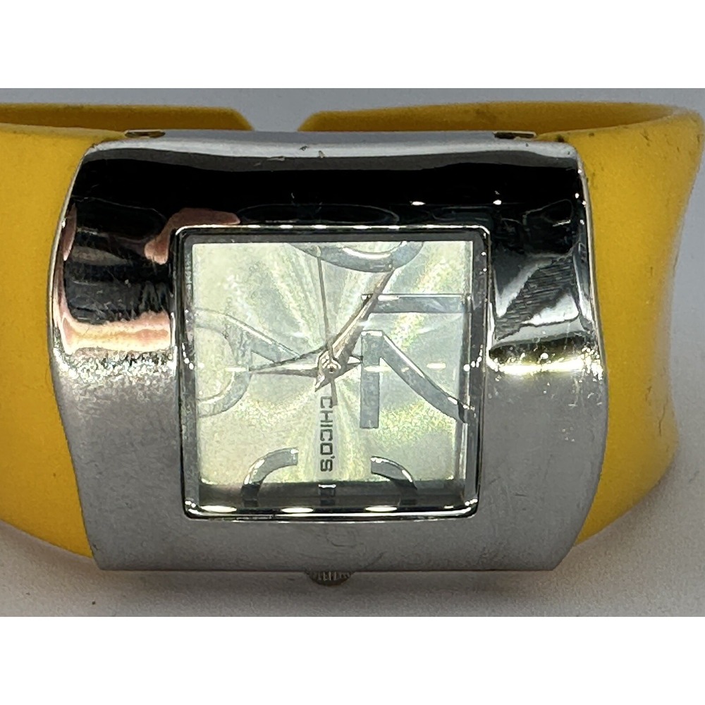 Chico's Watch Women Silver Tone Square Yellow Open Cuff Band New Battery 22MM A